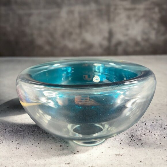 Hollow Cyan Blue Crystal Vacuum Formed Double Wall Glass Bowl Dish Centerpiece - Picture 2 of 16